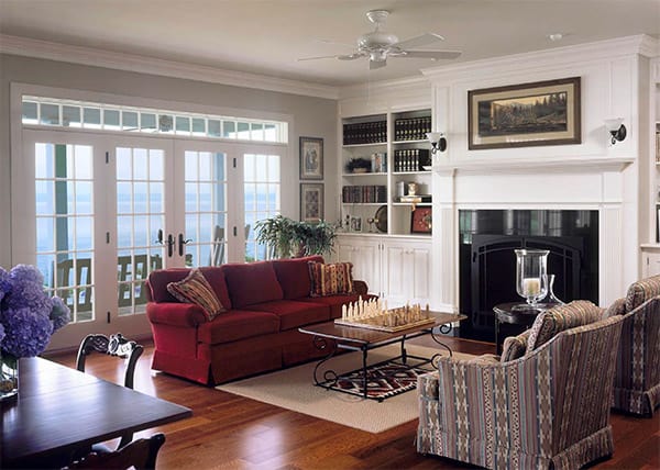 Fireplace and living room within a custom-built Connor Home