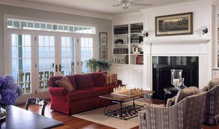 Fireplace and living room within a custom-built Connor Home